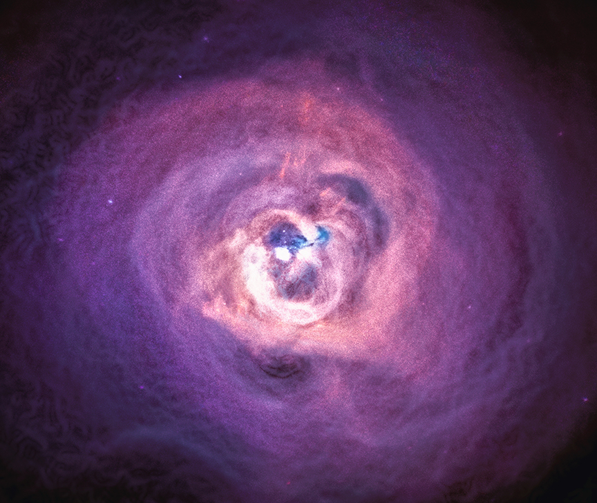 A processed purple X-ray image of the Perseus galaxy cluster, with bright central gas and surrounding ripples.